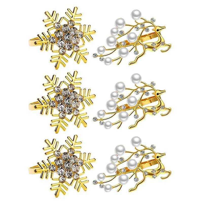 Gold Napkin Rings Set Of 6, Christmas Deer and Snowflakes Napkin