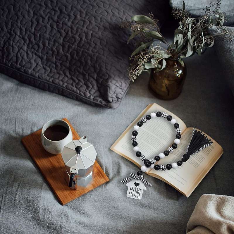 Farmhouse Wood Bead Garland,black & White Wooden Beads with Tassels