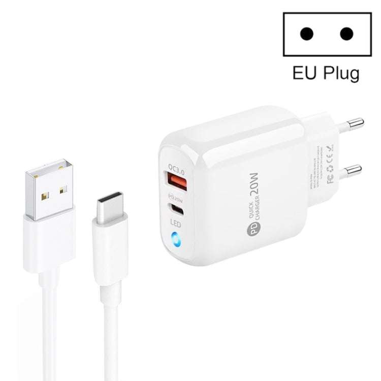 PD04 Type-C + USB Mobile Phone Charger with USB to Type-C Cable, EU Plug(White)