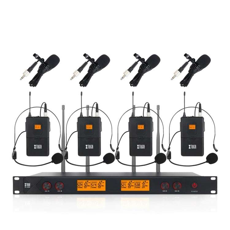 XTUGA A400-B Professional 4-Channel UHF Wireless Microphone System with 4 BodyPack Lavalier Heads...
