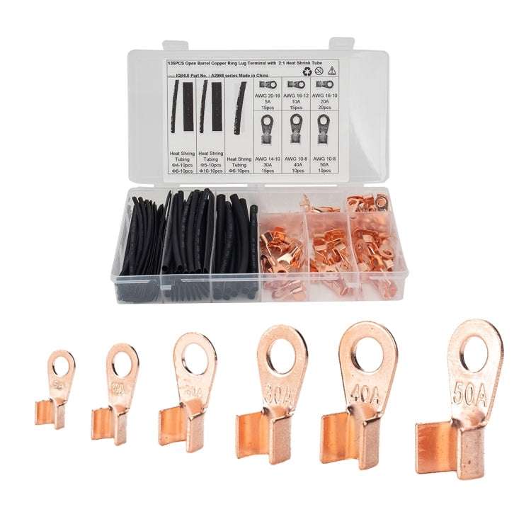 135 PCS Icstation Open Barrel Pure Copper Ring Lug Wire Crimp Terminals Assortment Kit with Heat ...