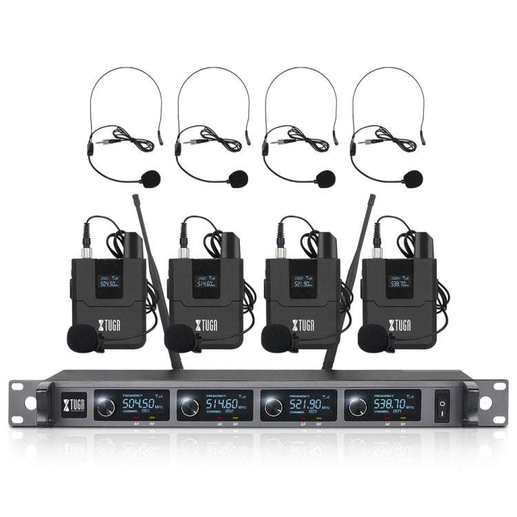 XTUGA A140-B Wireless Microphone System 4 BodyPack Headset Lavalier Microphone(EU Plug)