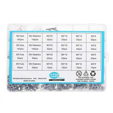 Suleve MXSH8 1220Pcs Stainless Steel Hex Socket Flat Head Screws Bolt Nuts Washers Assortment Kit M2