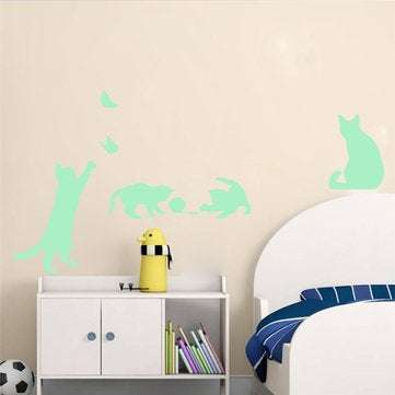 Honana DX-154 30X18CM Fluorescent Glow Naughty Cat Play With Butterfly Wall Sticker Home Bedroom Dec