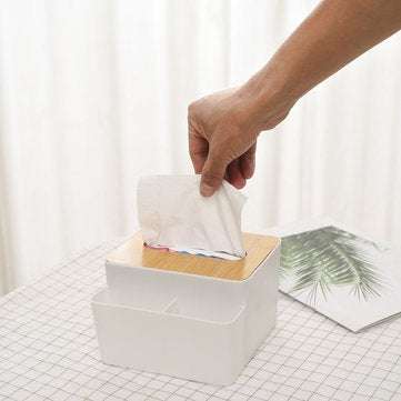 Desktop Bamboo Cover Tissue Box Plastic Pencil Pen Holder Remote Control Storage Box Sundries Organi