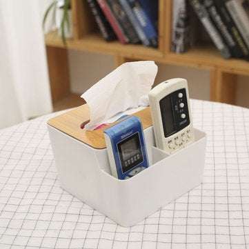 Desktop Bamboo Cover Tissue Box Plastic Pencil Pen Holder Remote Control Storage Box Sundries Organi