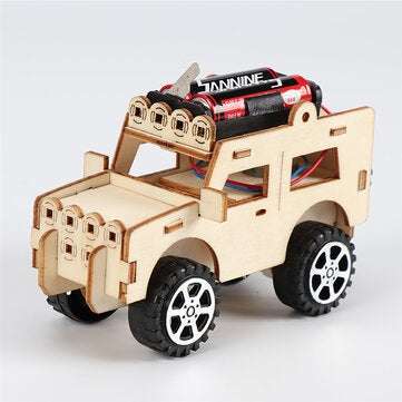 DIY Wood Electric Car Assembled Scientific Painted Color Exercise Hands-on Ability Experiment Kids E