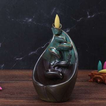 Ceramic Backflow Incense Burner Holder Handmade Black Incense Censer Home Furniture Decor with 10pcs