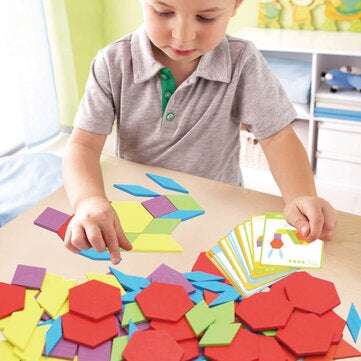 154Pcs Wooden Puzzle Blocks Set Wooden Pattern Blocks Geometric Shape Puzzle Tangram Montessori Toys