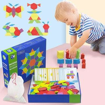 154Pcs Wooden Puzzle Blocks Set Wooden Pattern Blocks Geometric Shape Puzzle Tangram Montessori Toys