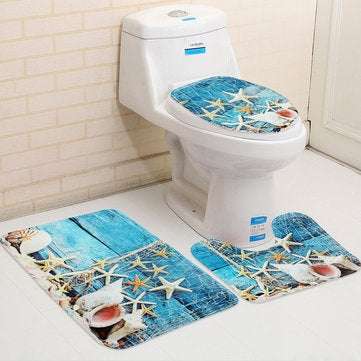 3PCS Set Blue Ocean Style Bathroom Set Pedestal Rug Lid Toilet Cover Bath Mat