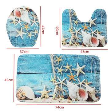 3PCS Set Blue Ocean Style Bathroom Set Pedestal Rug Lid Toilet Cover Bath Mat