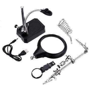 2.5X/7.5X LED Light Soldering Iron Stand Holder Helping Hands Magnifying Glass Magnifier USB Chargin