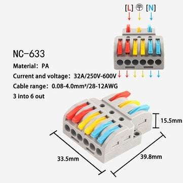 10PCS 3 in 6 out Quick Wire Connector PCT SPL Universal Wiring Cable Connectors Push-in Conductor Te