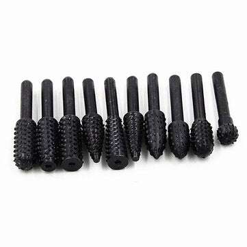 10Pcs Carbon Steel Shank Rotary File Set Wood Carving Rasp Drill Bits Tool