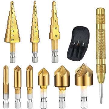 10pcs Step Drill Bit Set 1/4 Inch Hex Shank 5 Flute Countersink Drill Bit Set with Automatic Center