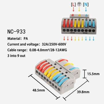 10PCS 3 in 9 out Quick Wire Connector PCT SPL Universal Wiring Cable Connectors Push-in Conductor Te