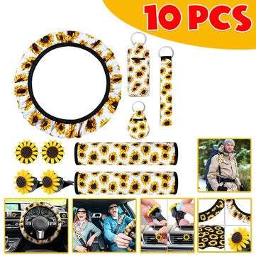 10pcs Sunflower Car Accessories Including Sunflower Steering Wheel Cover (TYPE: #2)