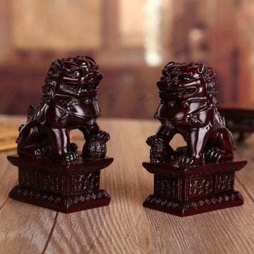 Red Chinese Resin Carving Fengshui Lion Fu Foo Dog Guardion Beast Statue Home Decorations