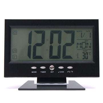 LCD Digital Table Clock + Calendar Temperature Alarm Sound Sensor Light Up Black