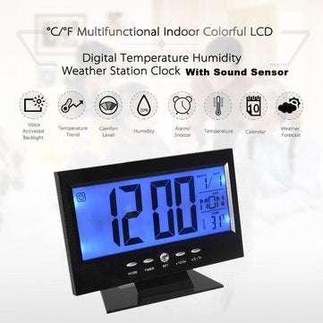 LCD Digital Table Clock + Calendar Temperature Alarm Sound Sensor Light Up Black