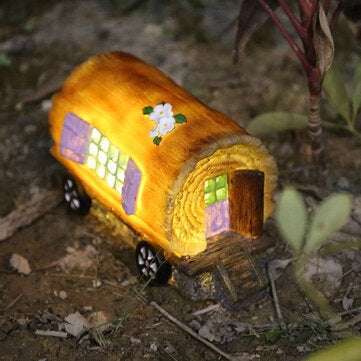 Solar LED Decor Light Small Fairy House Pixie Log On Wheels Outdoor Ornament Home for Outdoor Garden