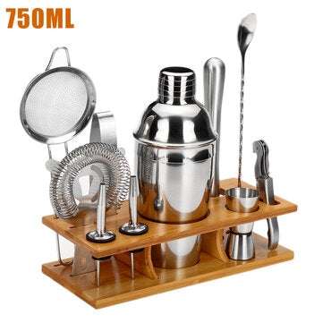 500ML/750ML Stainless Steel Cocktail Shaker Fish-shaped Bamboo Base Set Bartend... (CAPACITY: 750ML)