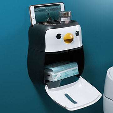 Toilet Paper Holder Cartoon Penguin Tissue Box Wall Mounted Roll Paper Shelf Bathroom Storage Rack
