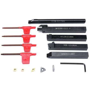 5pcs 12mm Shank Turning Tool Holder Set with Inserts Blade Wrench for Bench Lathe CNC