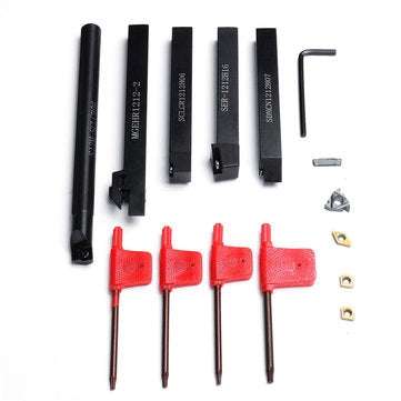 5pcs 12mm Shank Turning Tool Holder Set with Inserts Blade Wrench for Bench Lathe CNC