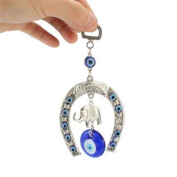 Turkish Blue Evil Eye Horseshoe with Elephant and Ribbon Wall Hanging Decorations