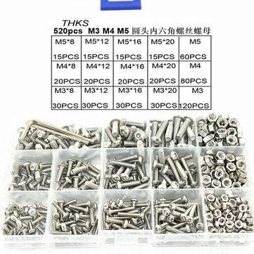 Suleve MXSH10 520Pcs Stainless Steel Hex Socket Round Head Screws Nuts Assortment Set M3 M4 M5