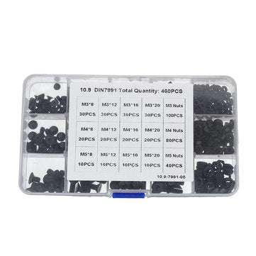 Suleve MXCH7 460Pcs M3 M4 M5 Flat Head Hex Socket Screw Carbon Steel 10.9 Grade Bolt Nut Assortme