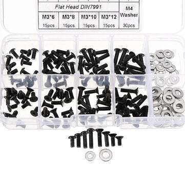 Suleve M3CH8 M3 Carbon Steel Hex Socket Flat Head Button Head Screws Flat Washers Assortment 180p