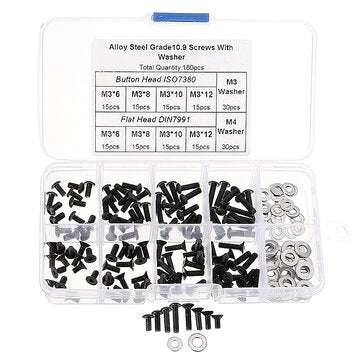 Suleve M3CH8 M3 Carbon Steel Hex Socket Flat Head Button Head Screws Flat Washers Assortment 180p