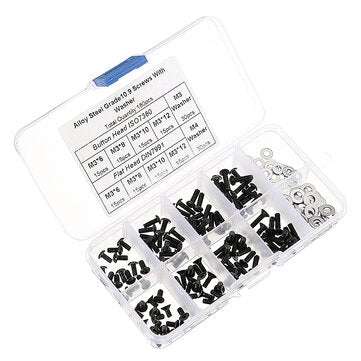 Suleve M3CH8 M3 Carbon Steel Hex Socket Flat Head Button Head Screws Flat Washers Assortment 180p