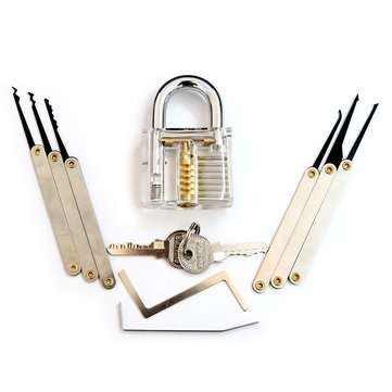 Transparent Practice Padlock with 6pcs Unlocking Lock Pick Set Key Extractor Tool Lock Pick Tools