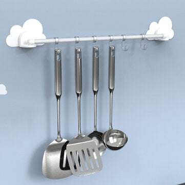 Sucker Hanger Hooks Wall Mounted Clothes Towel Spoon Shovel Hook with 6 Movable Hooks for Home Kitch