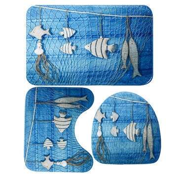 Ocean Style Waterproof Shower Curtain Hanging Shell Fish Decorative Bathroom ... (MAT PACKAGE: 3PCS)