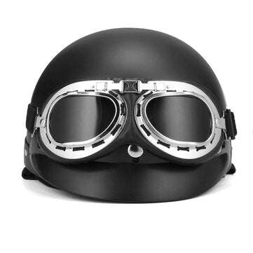 Retro Matt Black Motorcycle Half Face Helmet Biker Scooter With Sun Visor UV Goggles Cafe Racer