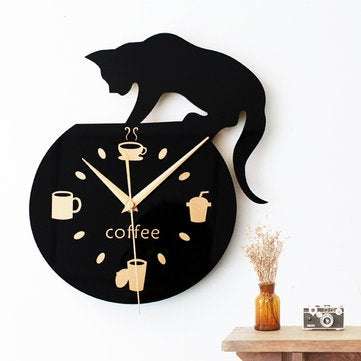 Silent Cartoon Wall Clock Cute Climbing Cat For Drinking Coffee Clock Wall Decora... (COLOR.: BLACK)