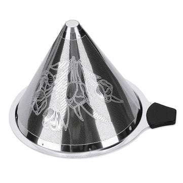 Stainless Steel Pour Over Coffee Dripper Flower Pattern Paperless Reusable Double Mesh Cone Filter