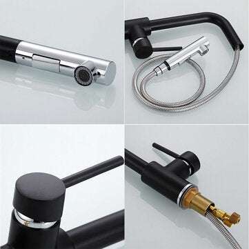 Modern Pull Out Spray Kitchen Sink Faucet Basin Mixer Tap 360 Rotate Single Hole Brass Black