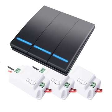 SMATRUL Black 433Mhz Smart Push 3Gang Wireless Switch Light +3 RF Remote Control