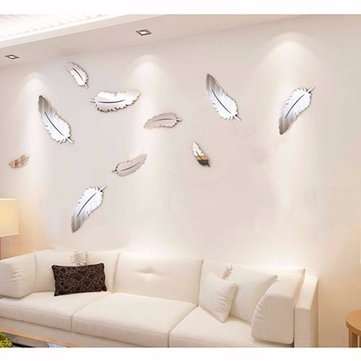 Silver Feather DIY 3D Mirror Wall Sticker Mural For Home And Bedroom Decoration