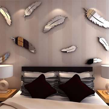 Silver Feather DIY 3D Mirror Wall Sticker Mural For Home And Bedroom Decoration