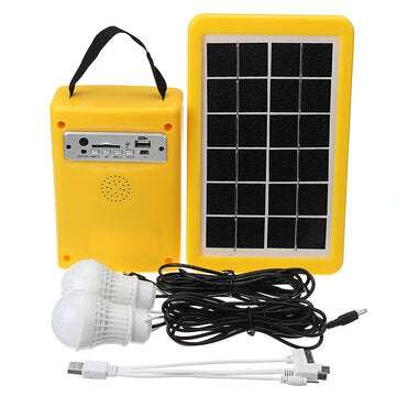 Solar Panel Power Lighting System + 2 LED Light Bulbs USB Charger Support FM Bluetooth SD Card