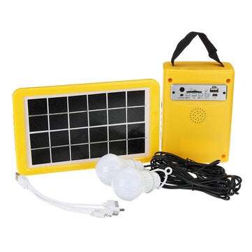 Solar Panel Power Lighting System + 2 LED Light Bulbs USB Charger Support FM Bluetooth SD Card