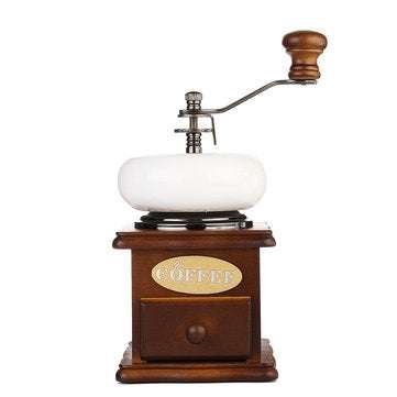 Retro White Ceramic Manual Coffee Bean Grinder Wooden Nut Mill Cafe Hand Grinding Tool