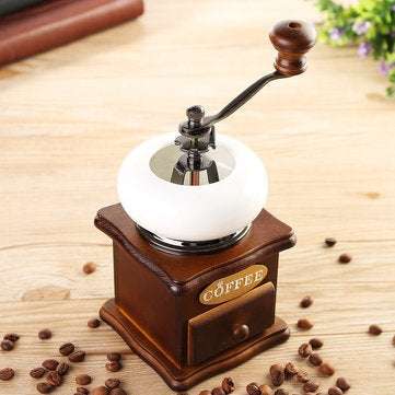 Retro White Ceramic Manual Coffee Bean Grinder Wooden Nut Mill Cafe Hand Grinding Tool